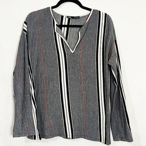 ZARA Gray, Black, Red‎ and White Striped Long Sleeve Tunic - Picture 1 of 9